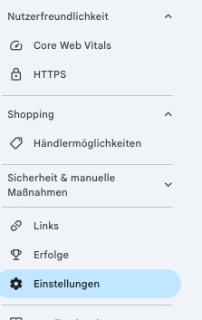 Sidebar of Google Search Console with the 'Settings' option Google Search Console sidebar with highlighted 'Settings' option and the 'Shopping' and 'Merchant listings' sub-items
