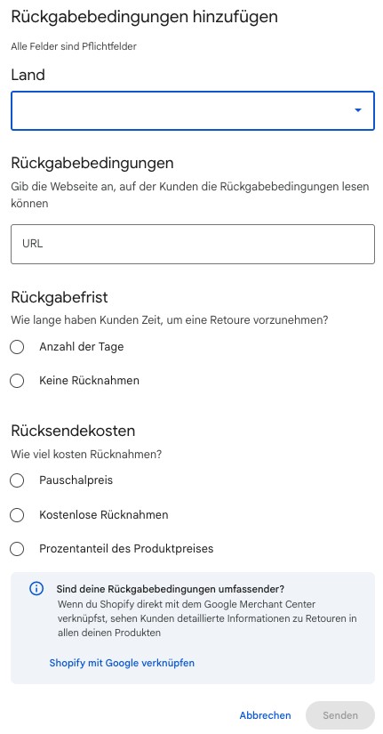 This is what the 'Add return policy' settings that you can adjust look like in Google Search Console Screenshot of the Google Search Console 'Add return policy' feature with fields for country, URL, return period, and costs.