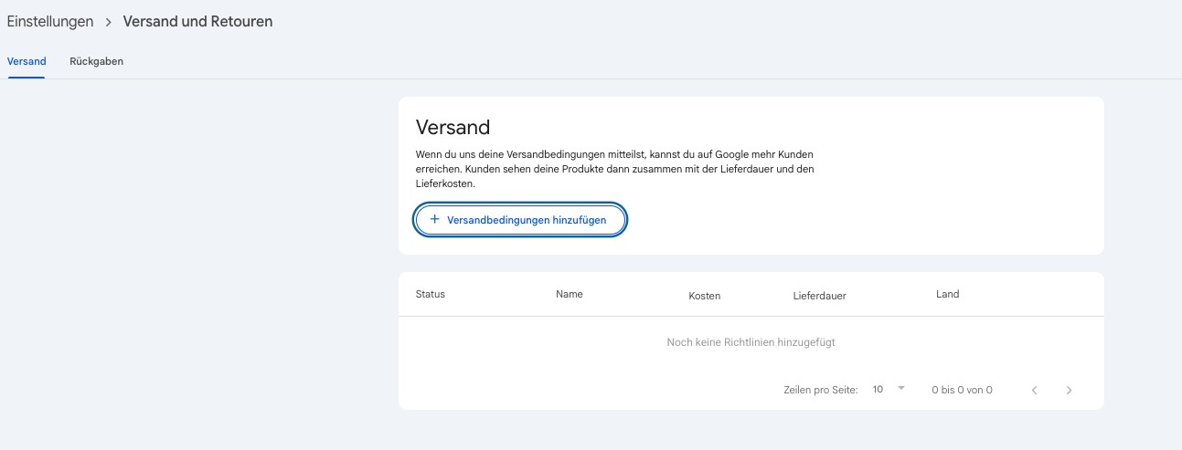 This is what the new 'Shipping and Returns' settings view looks like in Google Search Console Screenshot of Google Search Console: 'Shipping and Returns' settings, 'Shipping' tab is active, with '+ Add shipping policy' option