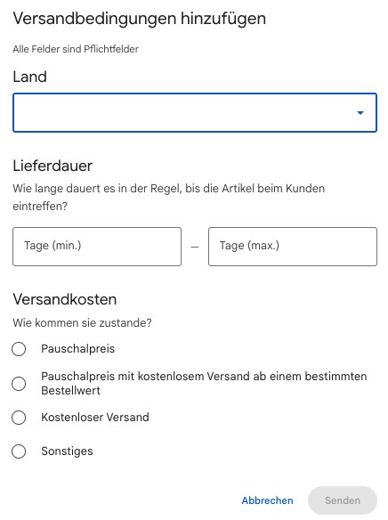 How to add new shipping policies in Google Search Console Screenshot of Google Search Console: 'Add shipping policy' dialog box with fields for country, delivery time, and shipping costs