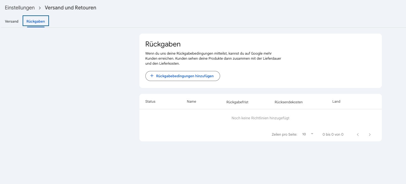 Screenshot of Google Search Console: Here you can see the 'Returns' section with the option to add policies Google Search Console: 'Shipping and Returns' section with active 'Returns' tab. Text: 'No policies added yet'.